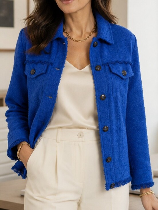 Chico's Jackets & Blazers - Chico's Cobalt Blue Boucle Textured Fringe Jacket NWT Size XL Modern Executive